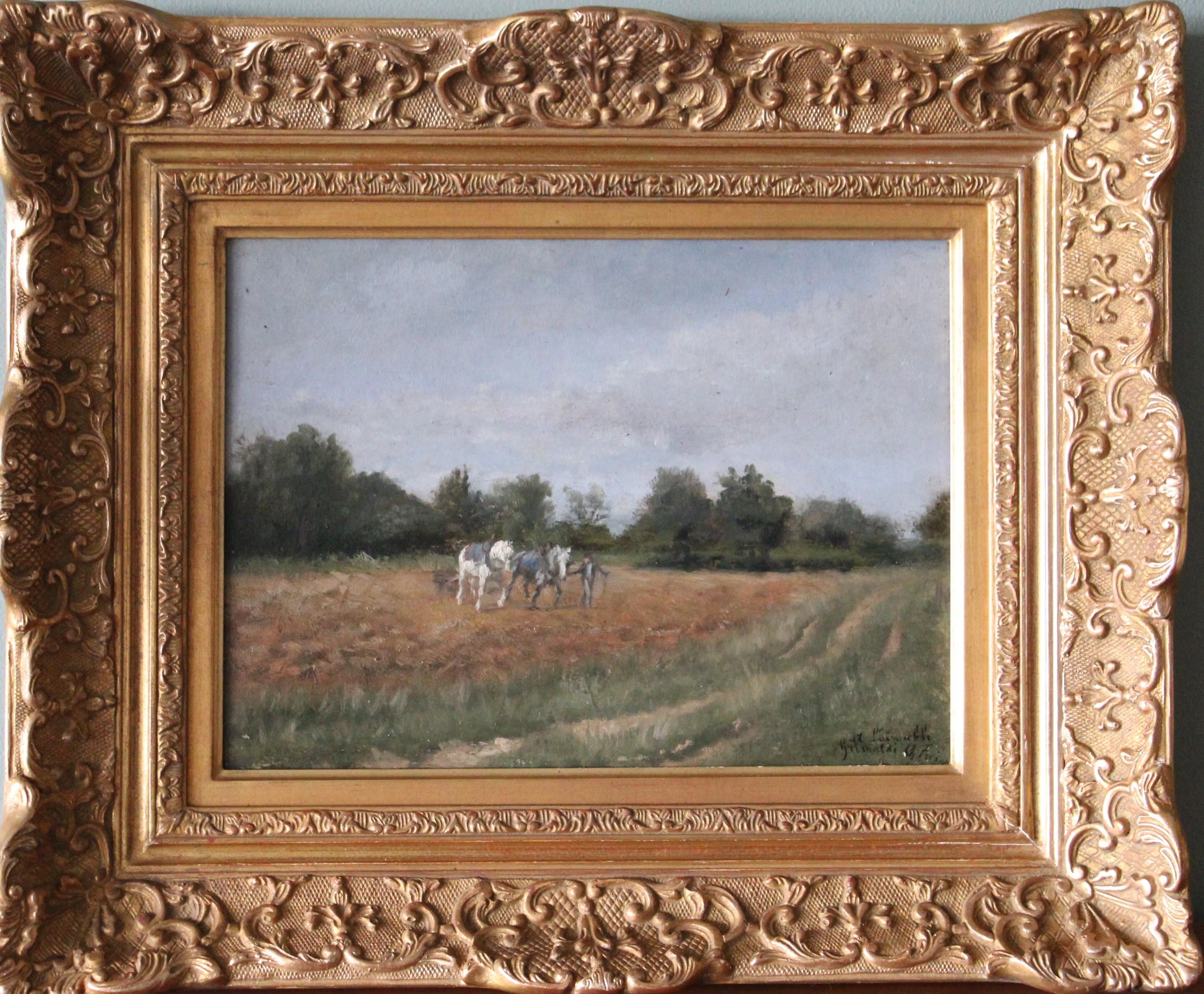 Charles Edouard Frère Animal Painting - Antique landscape oil painting of horses ploughing a field, horses in landscape