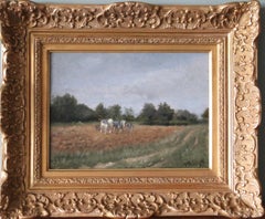 Antique landscape oil painting of horses ploughing a field, horses in landscape
