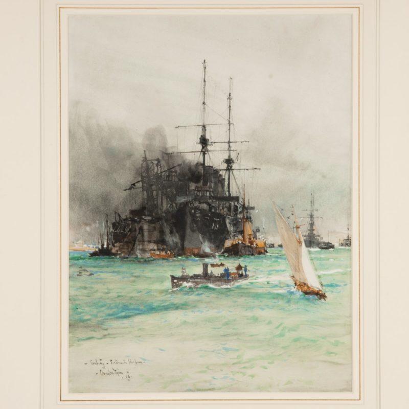 Charles Edward Dixon ‘Coaling, Portsmouth Harbour’, watercolour and gouache showing a two masted ship steamship enveloped in black smoke while being loaded and re-victualled, with a steam cutter and a sailing boat in the foreground, signed, dated