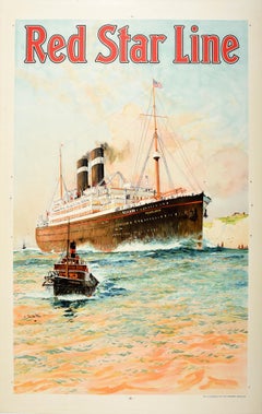 Affiche rétro originale de voyage Red Star Line Pennland Ocean Liner Cruise Ship