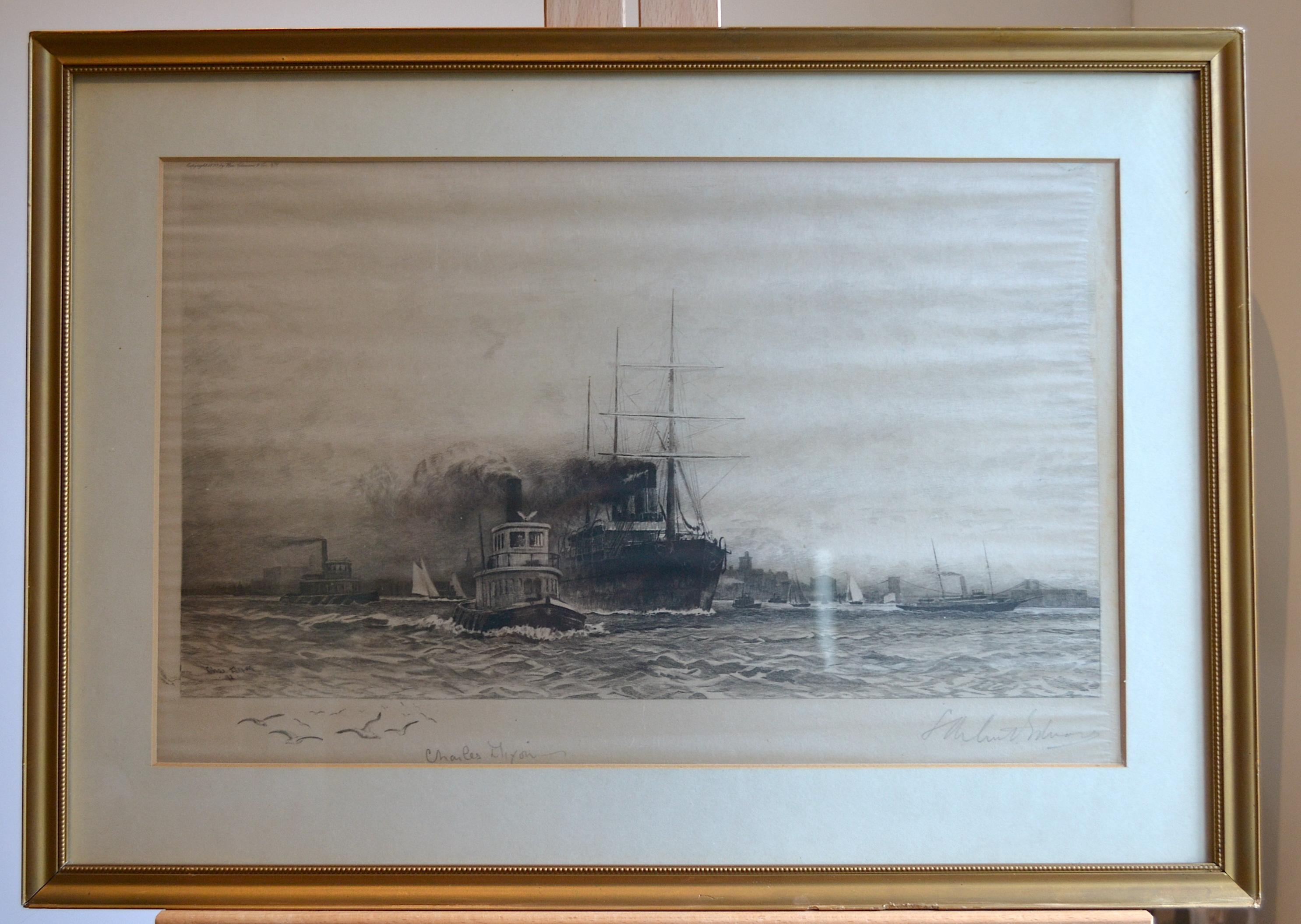 Steamship and Tugboats In New York Harbour - Gray Landscape Print by Charles Edward Dixon