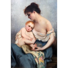 Un fino y encantador óleo victoriano del siglo XIX sobre lienzo "Madre e hijo"