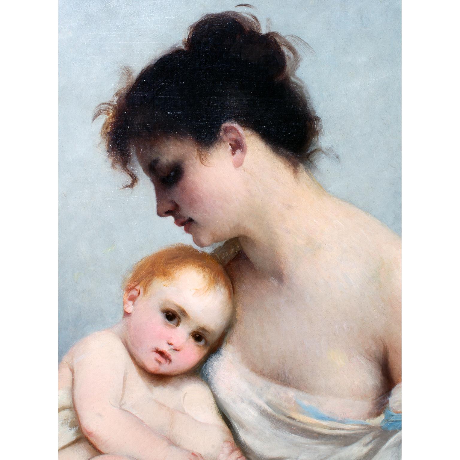 Feines und charmantes viktorianisches Ölgemälde auf Leinwand aus dem 19. Jahrhundert „Mutter und Kind“ (Braun), Figurative Painting, von Charles Edward Hallé