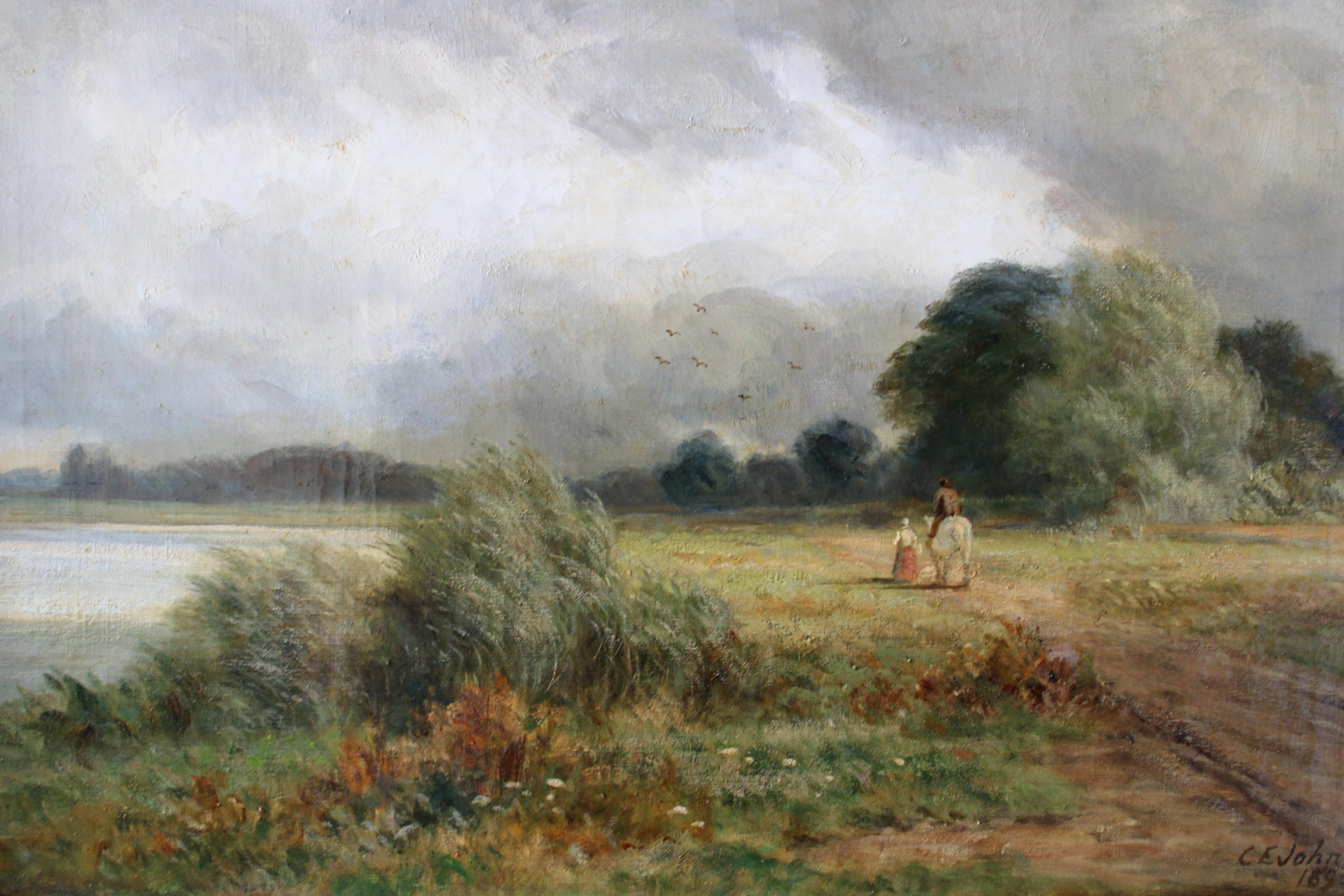 Antike englische viktorianische pastorale Landschaft Ölgemälde Charles Edward Johnson im Angebot 1
