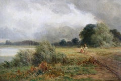 Antique English Victorian pastoral landscape oil painting Charles Edward Johnson