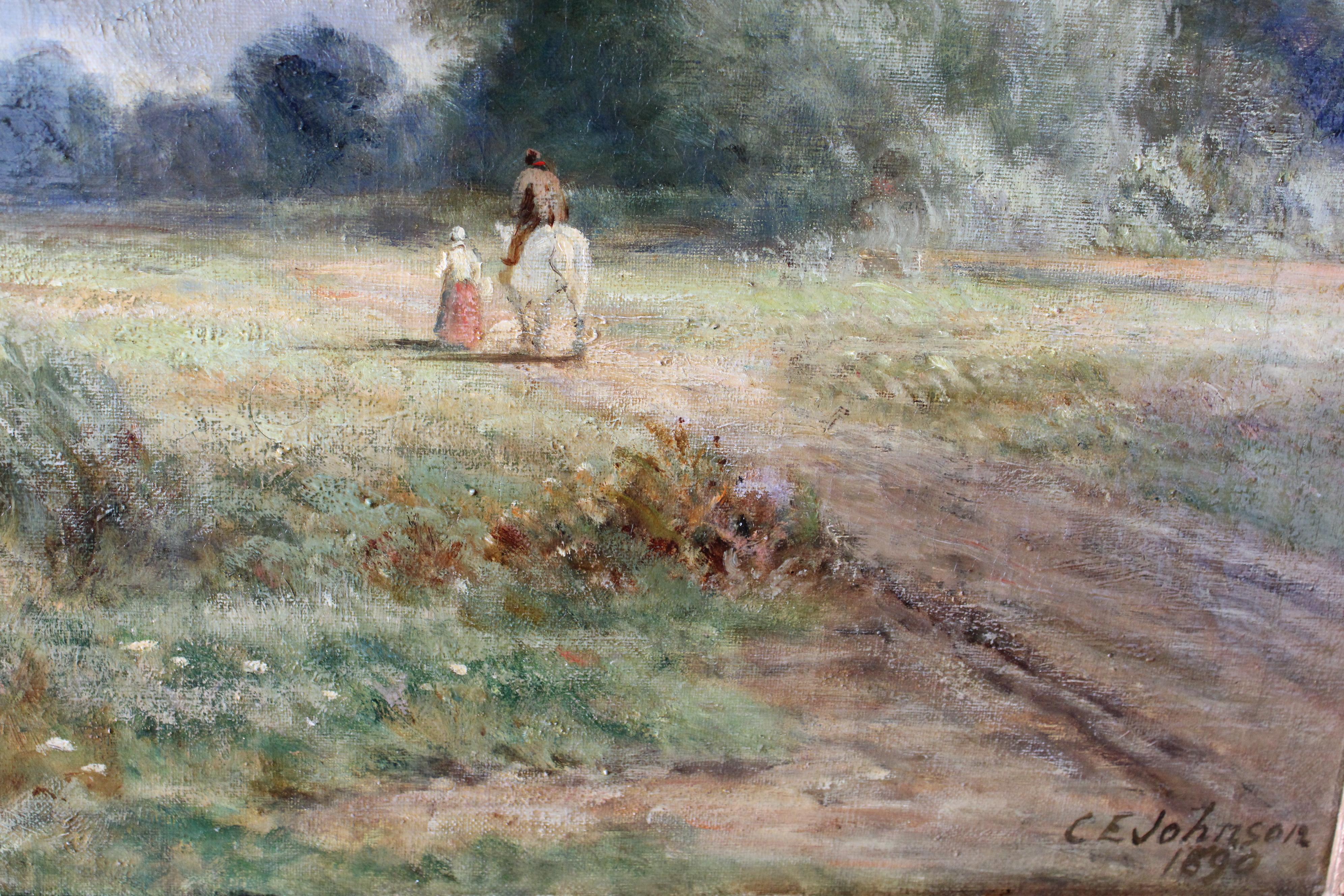 Antike englische viktorianische pastorale Landschaft Ölgemälde Charles Edward Johnson im Angebot 3