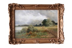 Antique English Victorian pastoral landscape oil painting Charles Edward Johnson