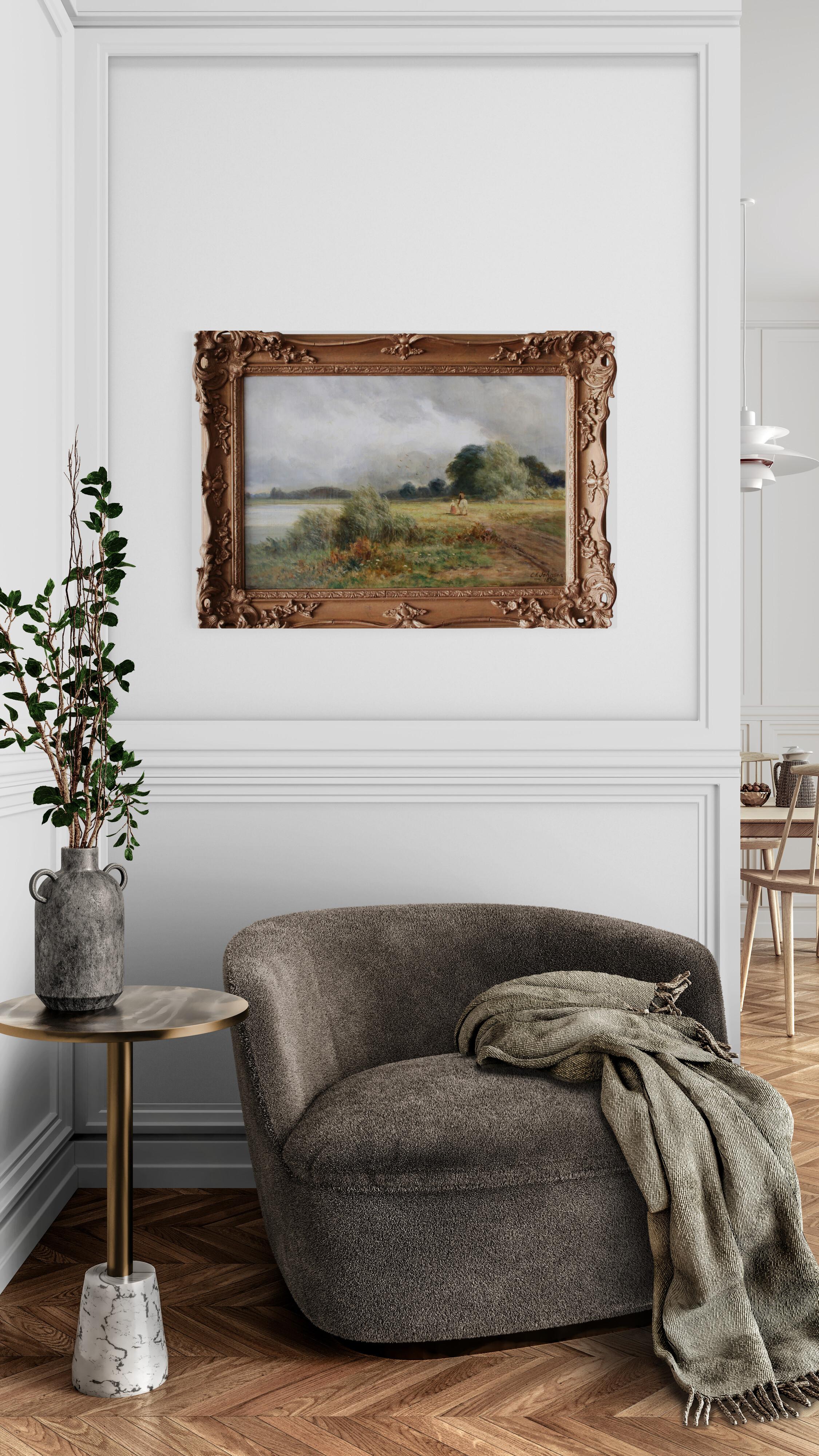 Antike englische viktorianische pastorale Landschaft Ölgemälde Charles Edward Johnson im Angebot 2