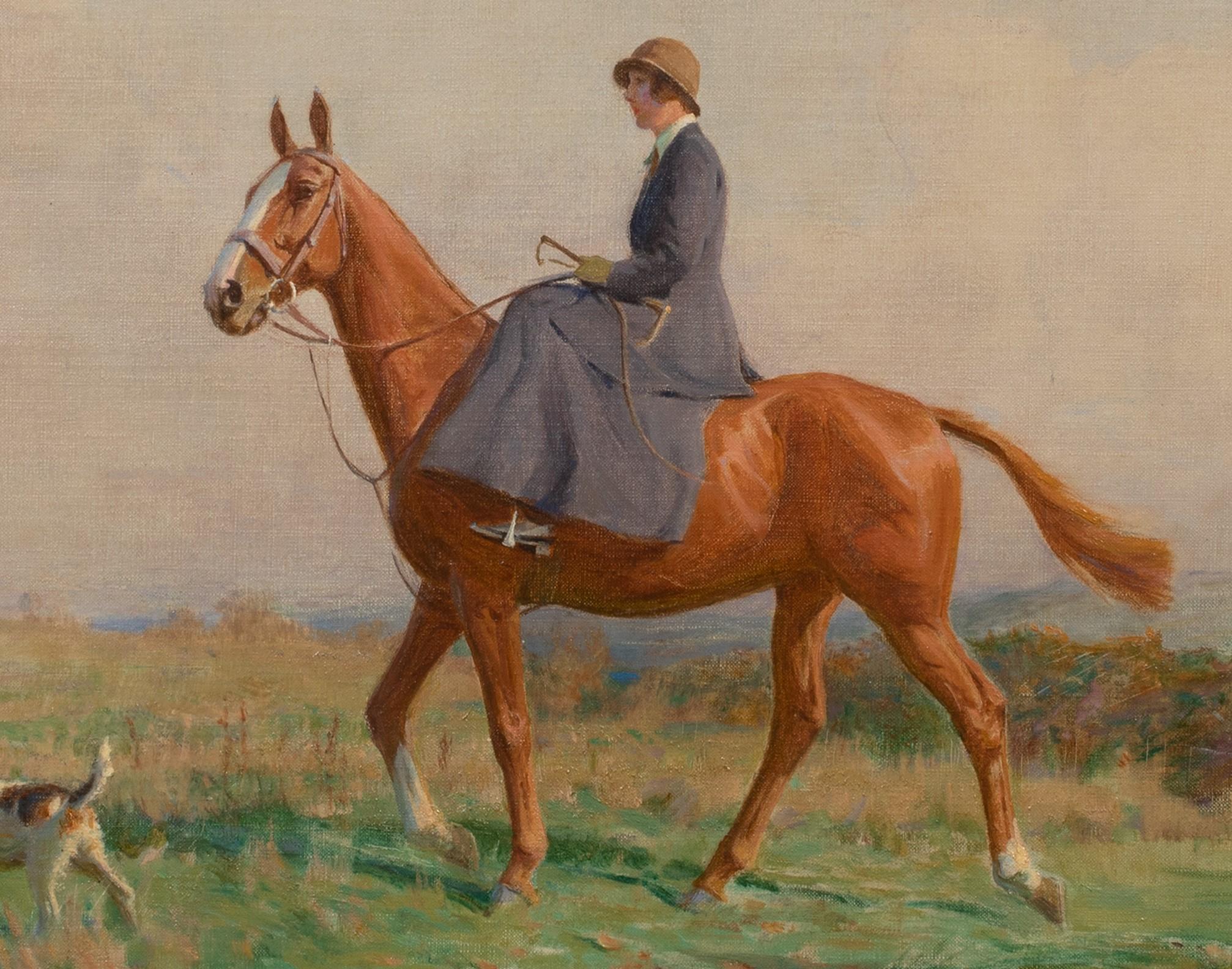 The Morning Ride, circa 1910

by Charles Edward Stuart

Circa 1910 portrait of a woman riding sidesaddle on a chestnut hunter accompanied a Jack Russell terrier, oil on canvas by Charles Edward Stuart. Stuart actively painted between 1887 and 1938