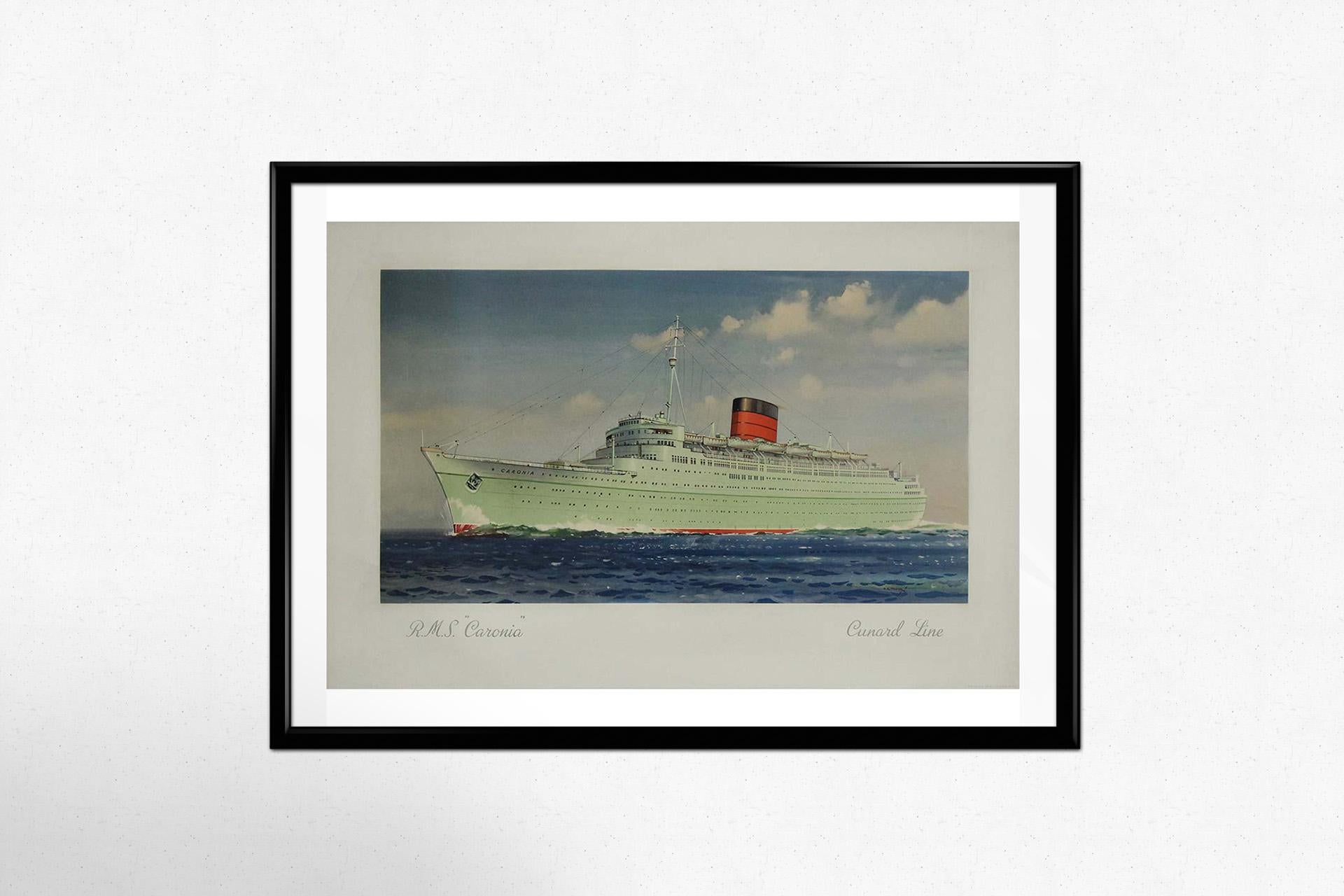 This elegant original poster, created circa 1940 by renowned maritime artist Charles Edward Turner, showcases the iconic R.M.S. Caronia, one of the most celebrated ocean liners of the mid-20th century. Commissioned by the Cunard Line, the image