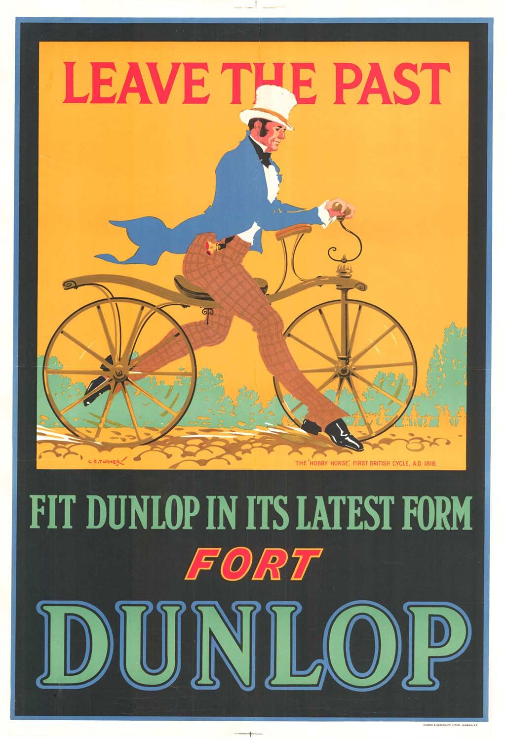 Charles Edward Turner Figurative Print - Original "Fort Dunlop", Leave the Past, vintage bicycle poster