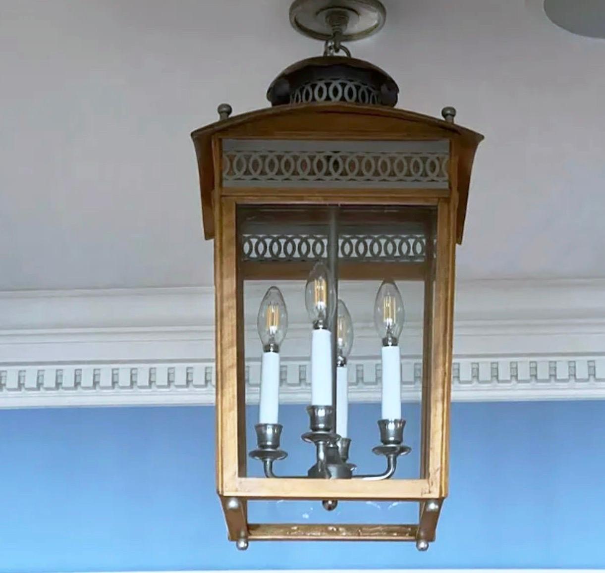 Charles Edwards Custom Regency Lantern Pendant Fixture, Mahogany, Nickel, UK . This handmade pagoda ceiling mounted pendant lantern has a metal lattice detail and a four light candelabra. Dimensions: H 25