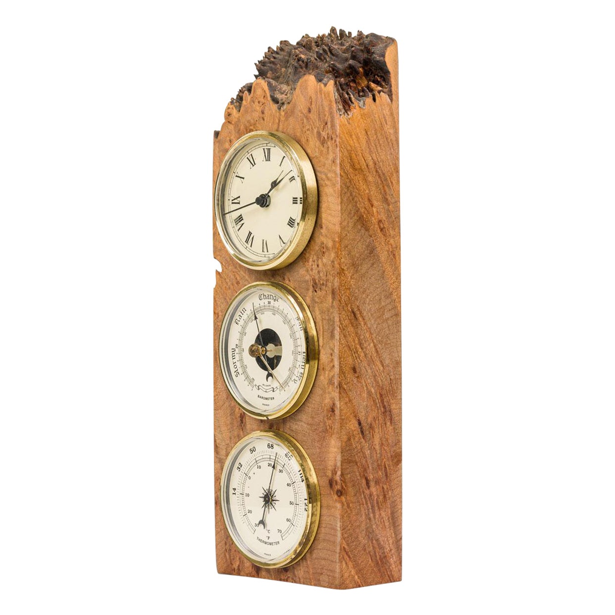 Charles Elkan Rustic Burl Wood Three Dial Clock and Weather Station For Sale