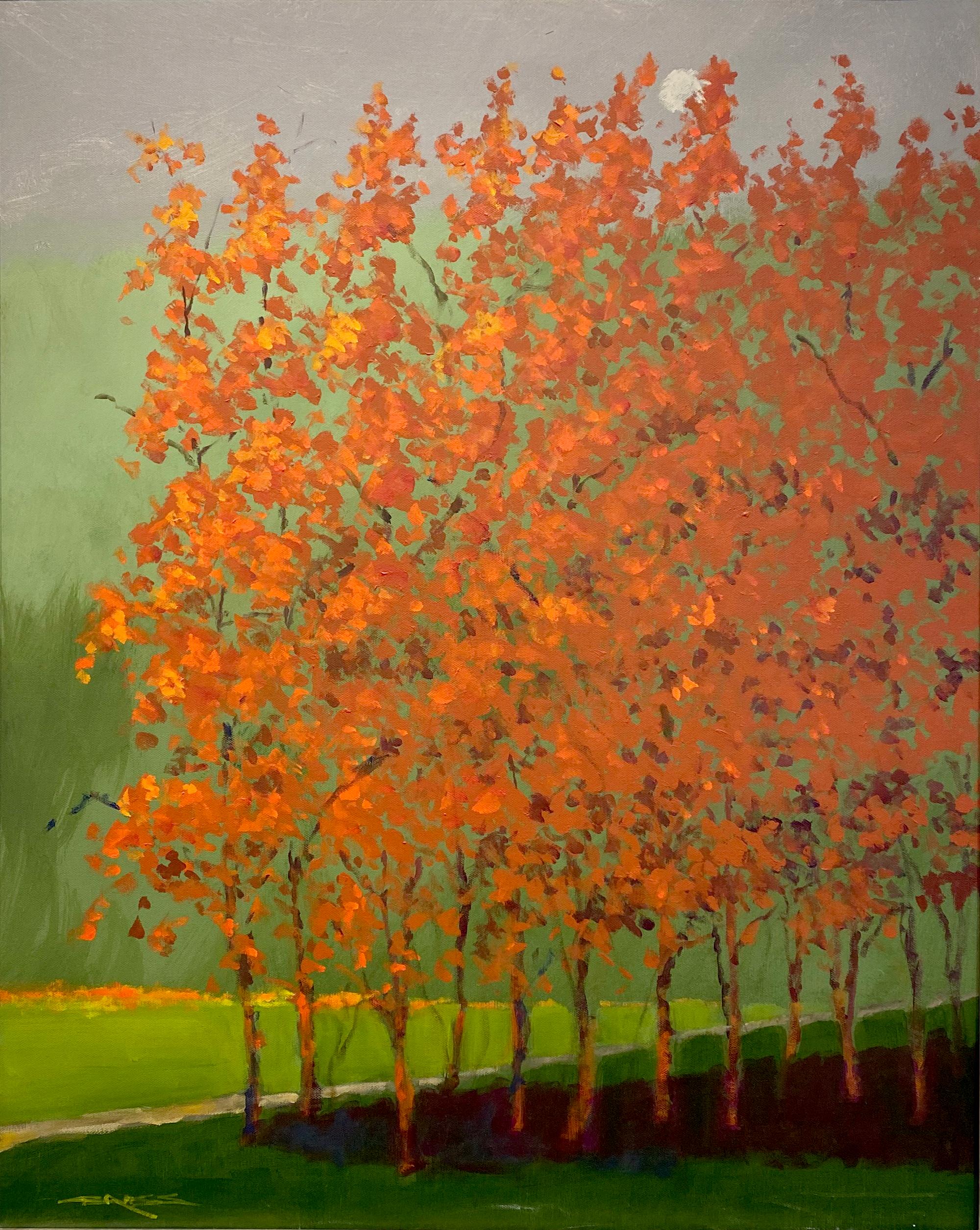 Landscape Painting Charles Emery Ross - « Autumn Night », huile sur toile de paysage forestier contemporain coloré