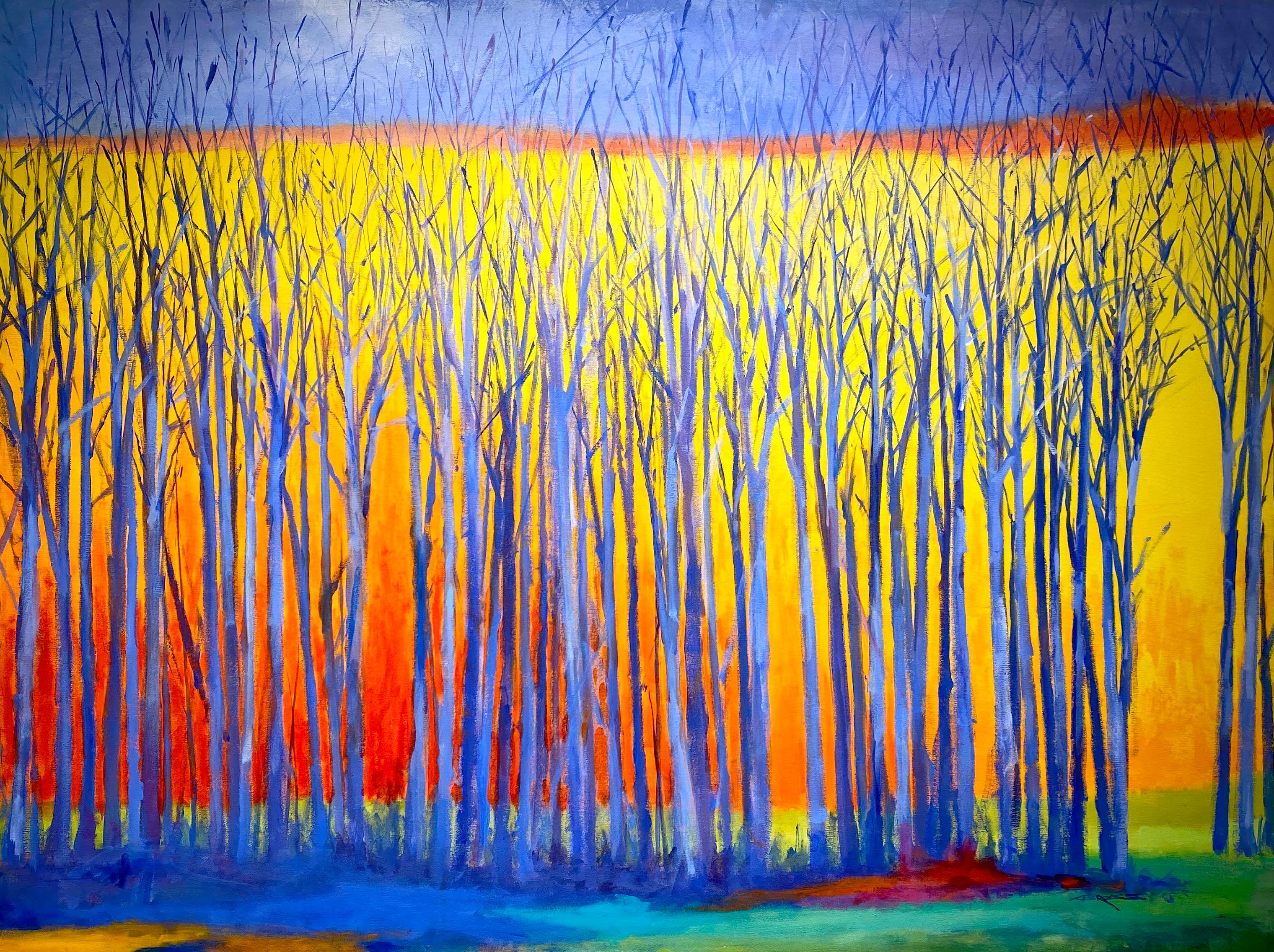 Charles Emery Ross Landscape Painting - C.E. Ross, "Bare Blue Trees", Colorful Abstract Landscape Acrylic on Canvas