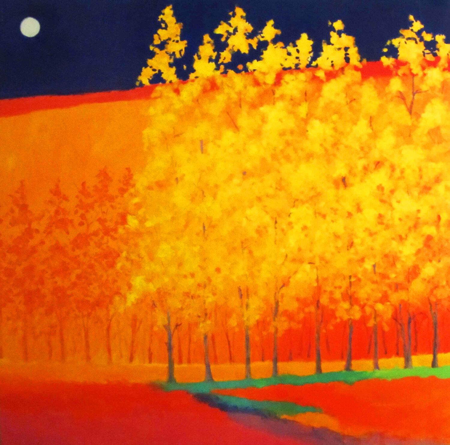 This abstracted forest landscape, "Golden", by artist Charles Emery Ross is a 48x48 acrylic painting on canvas depicting a colorful and whimsical foliage night time scene. Orange and yellow trees in the foreground lead back into a dark purple