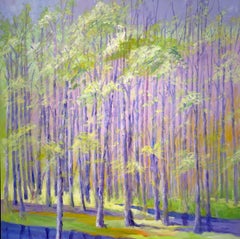 C.E. Ross, „Into the Woods“, farbenfrohe grüne lila Baum-Wälderlandschaft 