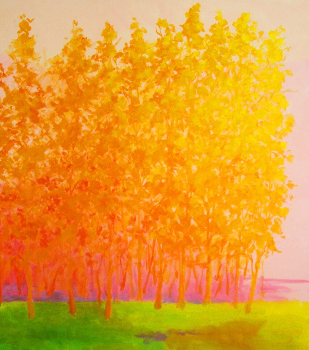 Charles Emery Ross Landscape Painting - C.E. Ross, "Peak Season", Colorful Pink Orange Green Abstract Forest Landscape 