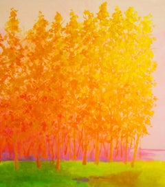 C.E. Ross, „Peak Season“, farbenfrohe, abstrakte Waldlandschaft in Rosa, Orange und Grün 