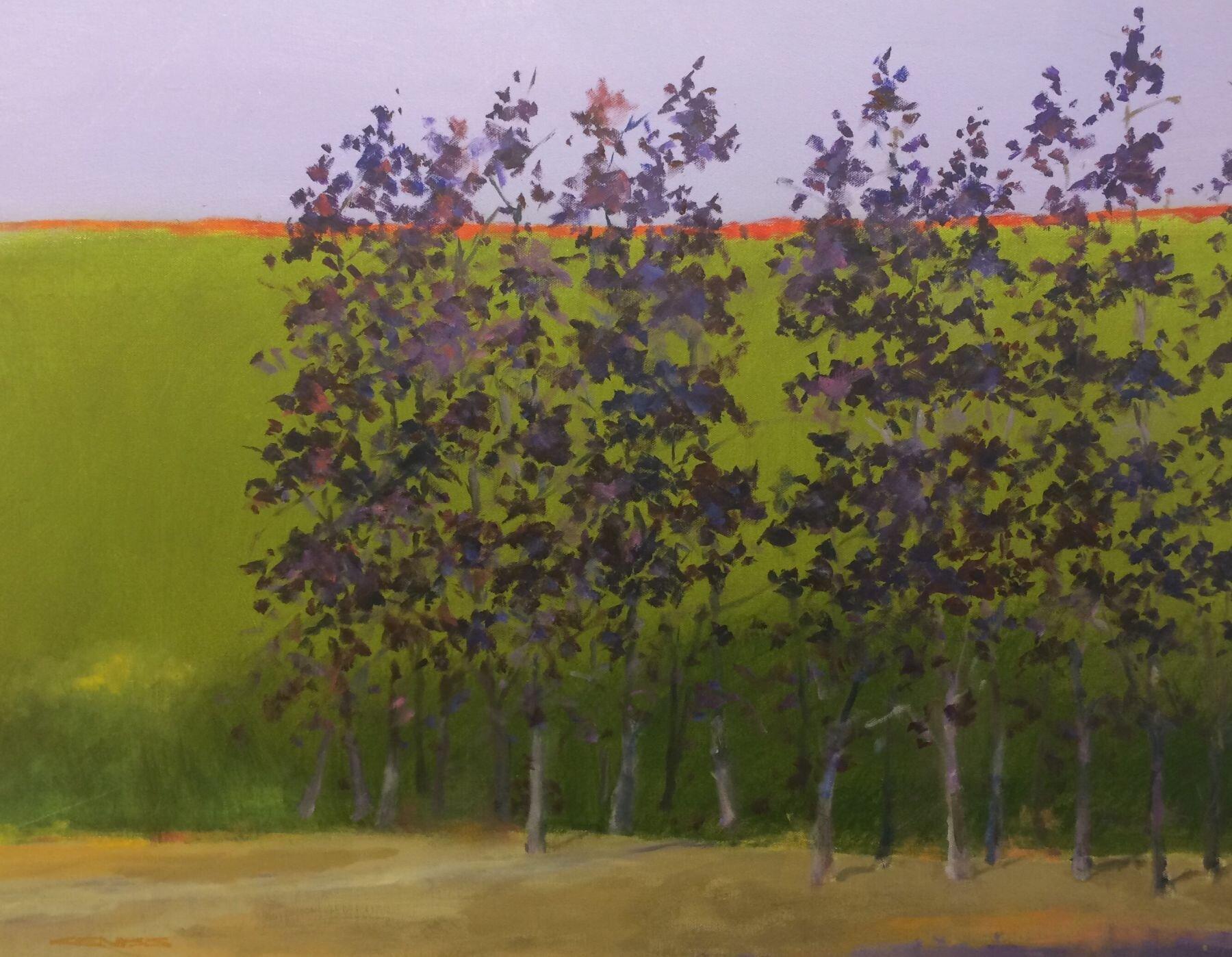 Landscape Painting Charles Emery Ross - C.E. Ross, « Purple Glow », peinture à l'huile contemporaine de paysage forestier coloré 