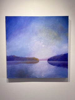 C.E. Ross, "Quiet Evening", Atmospheric Blue Purple Sunset Lake Oil Painting