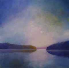 C.E. Ross, „Quiet Evening“, atmosphärisches blau-lila Sonnenuntergang, See, Ölgemälde 