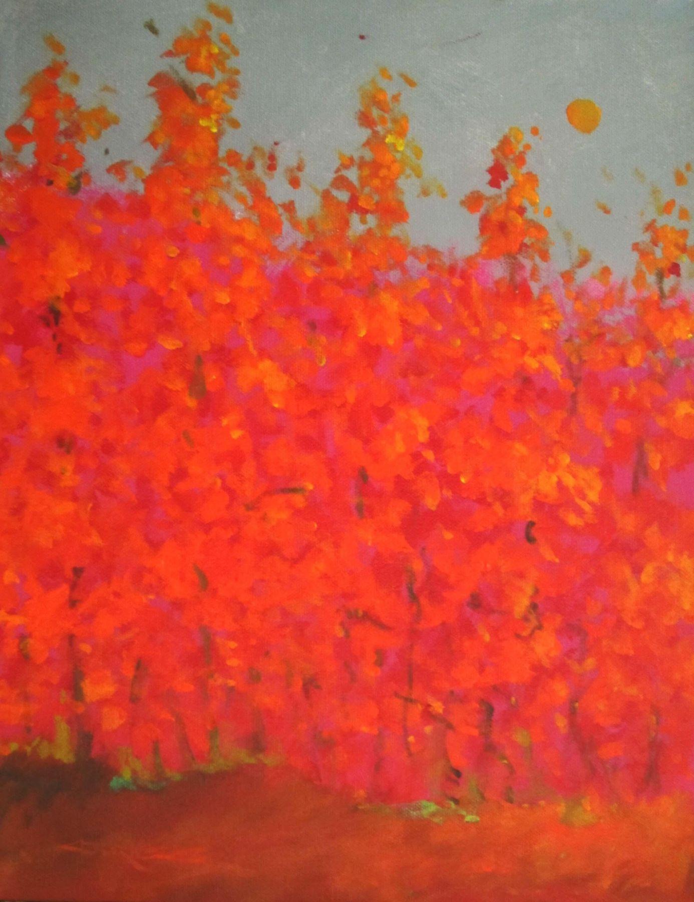 C.E. Ross "Red Fusion", Vibrant Red Contemporary Tree Landscape Oil on Canvas