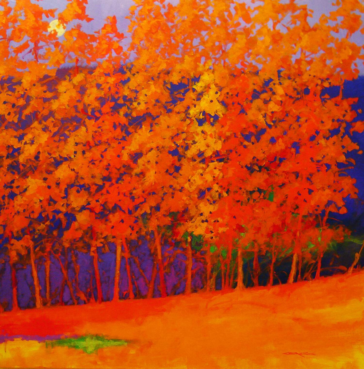 Landscape Painting Charles Emery Ross - C.E. Ross, « Vibrant Day », paysage forestier abstrait coloré orange-violet