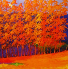 C.E. Ross, „Vibrant Day“, farbenfrohe abstrakte Waldlandschaft in Orange und Lila