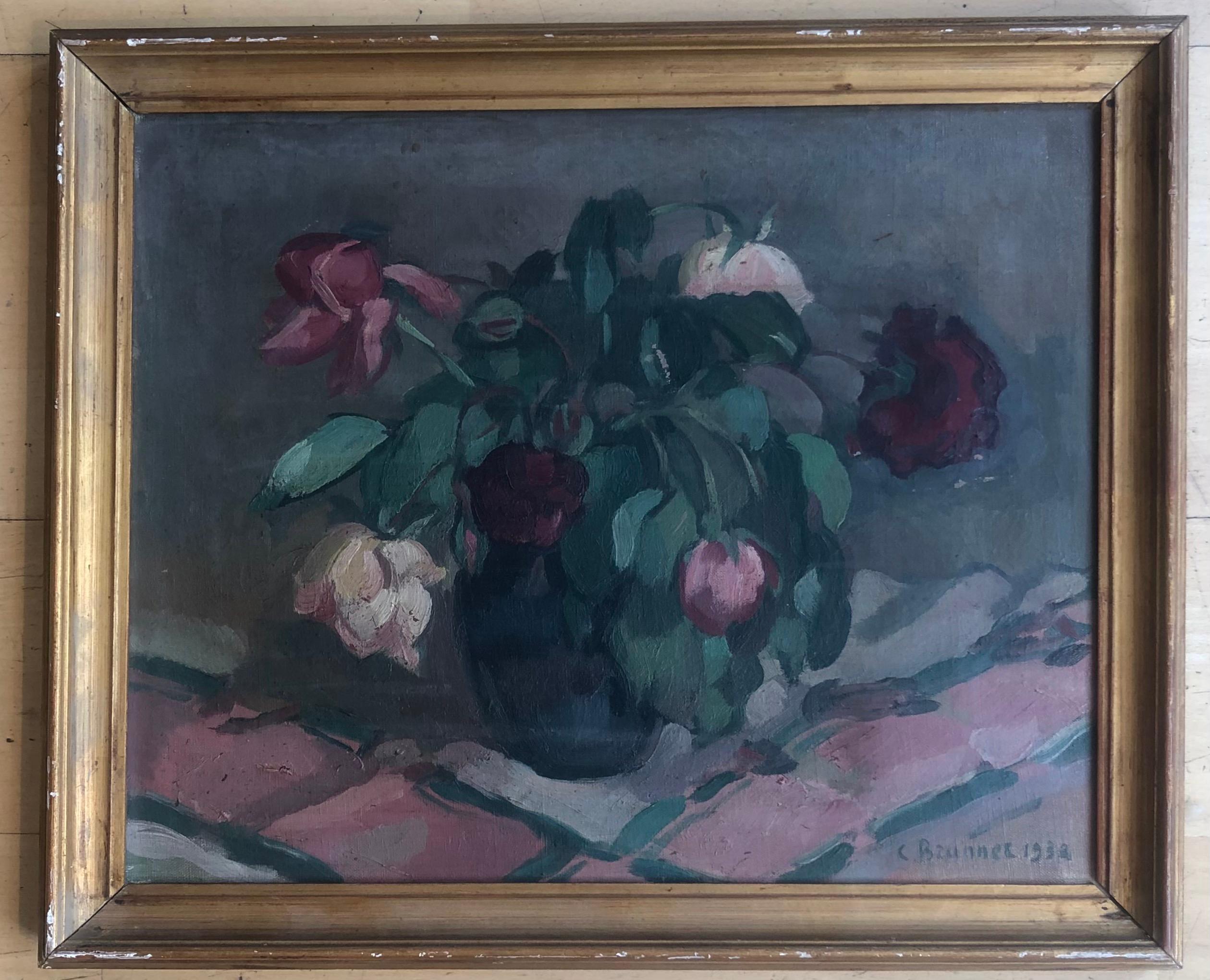 Blumenstrauß aus verwelkten Rosen – Painting von Charles Emile Brunner