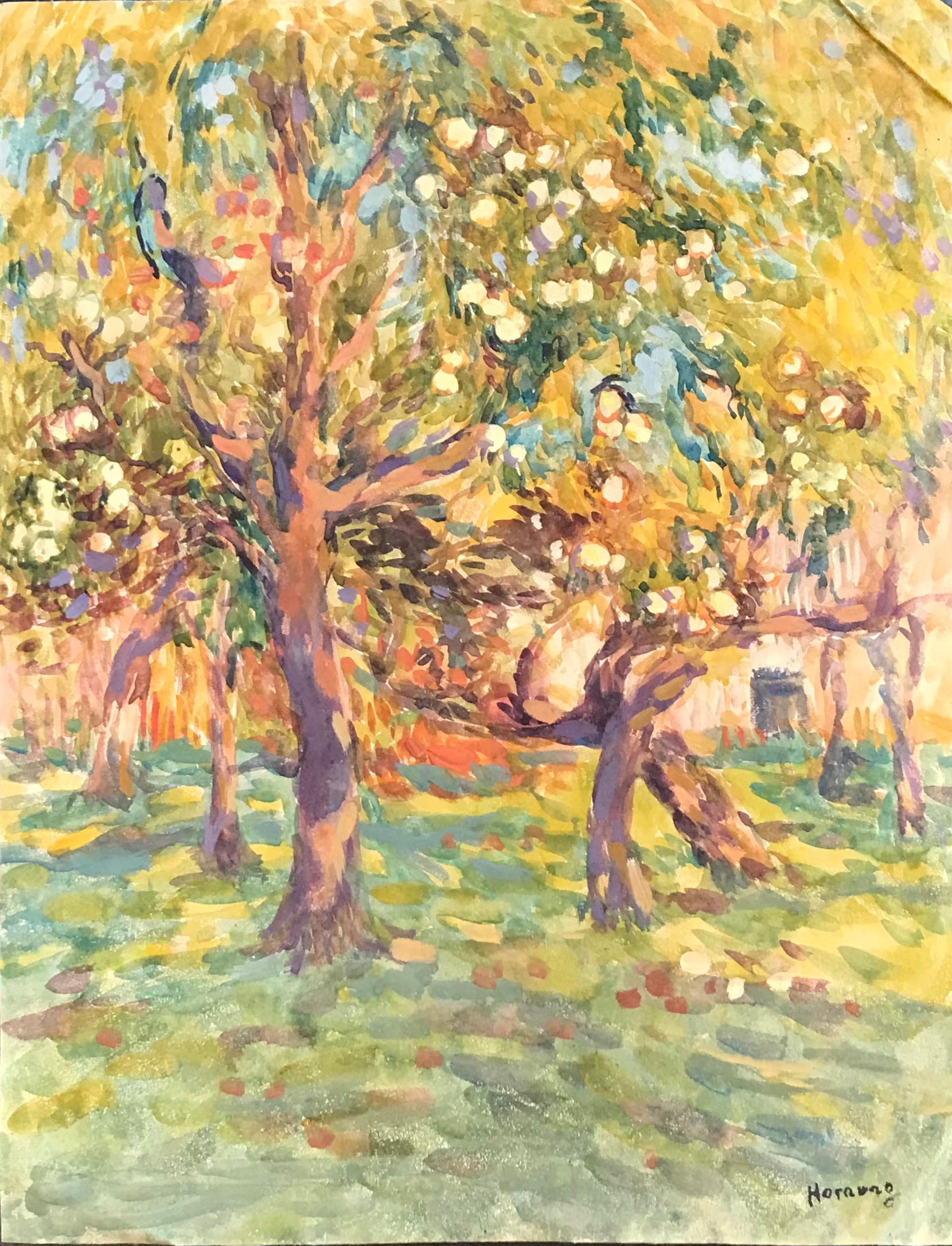 Charles Émile Hornung Landscape Painting - "Orchard" by Emile Hornung - Watercolor on paper 33x44 cm