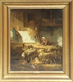 "Feeding Sheep" Oil on Panel by Charles-Emile Jacque