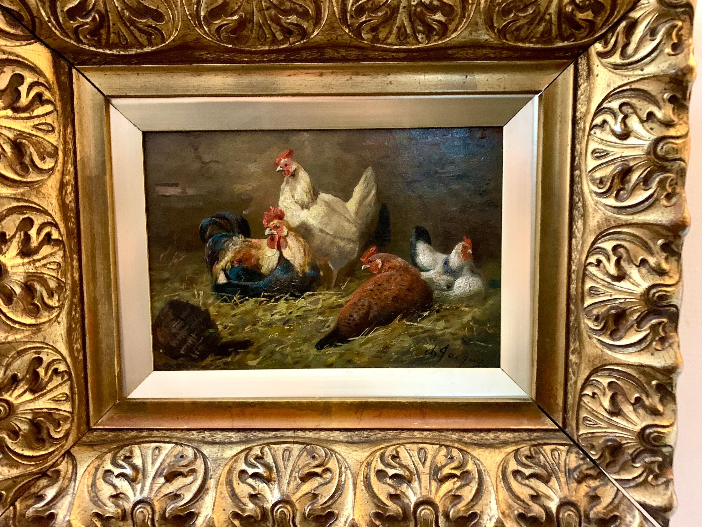 French 19th century Chickens in a barn or chicken coop interior - Painting by Charles-Emile Jacque
