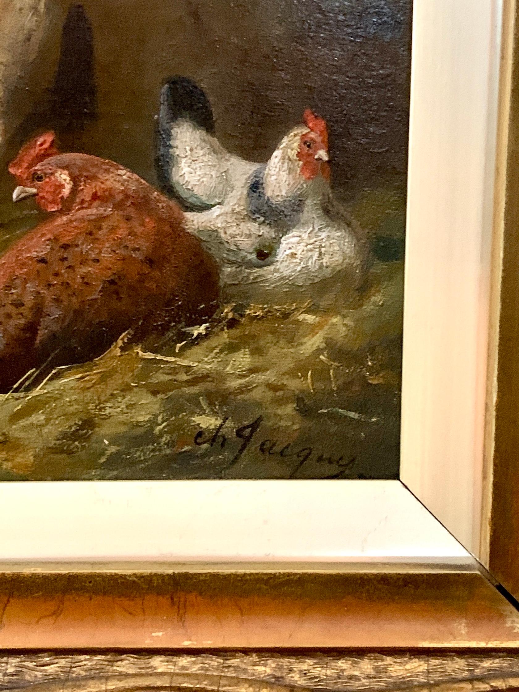 Français, 19e siècle Poules dans une grange ou un poulailler, intérieur - Victorien Painting par Charles-Emile Jacque