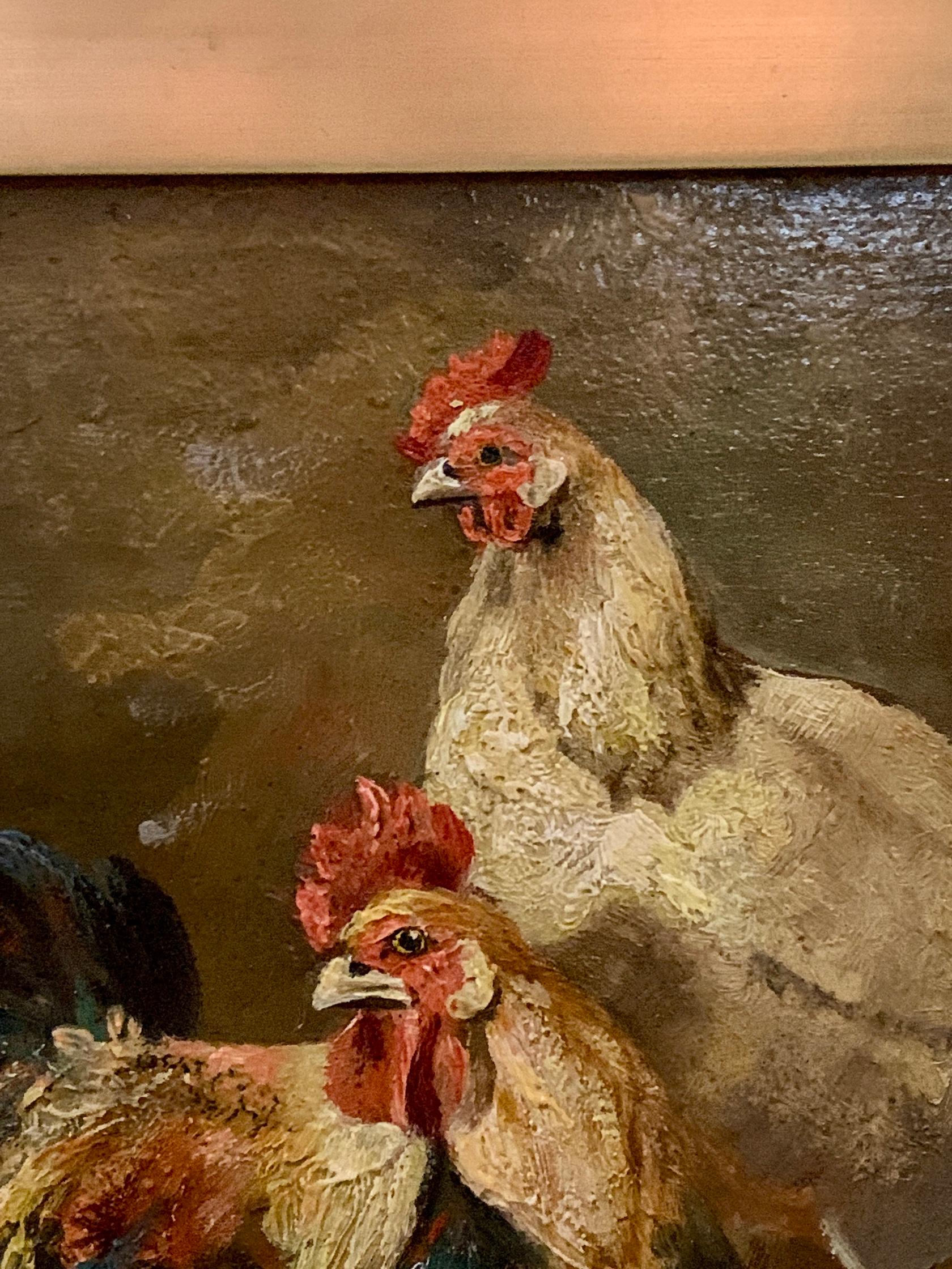 French 19th century Chickens in a barn or chicken coop interior - Victorian Painting by Charles-Emile Jacque