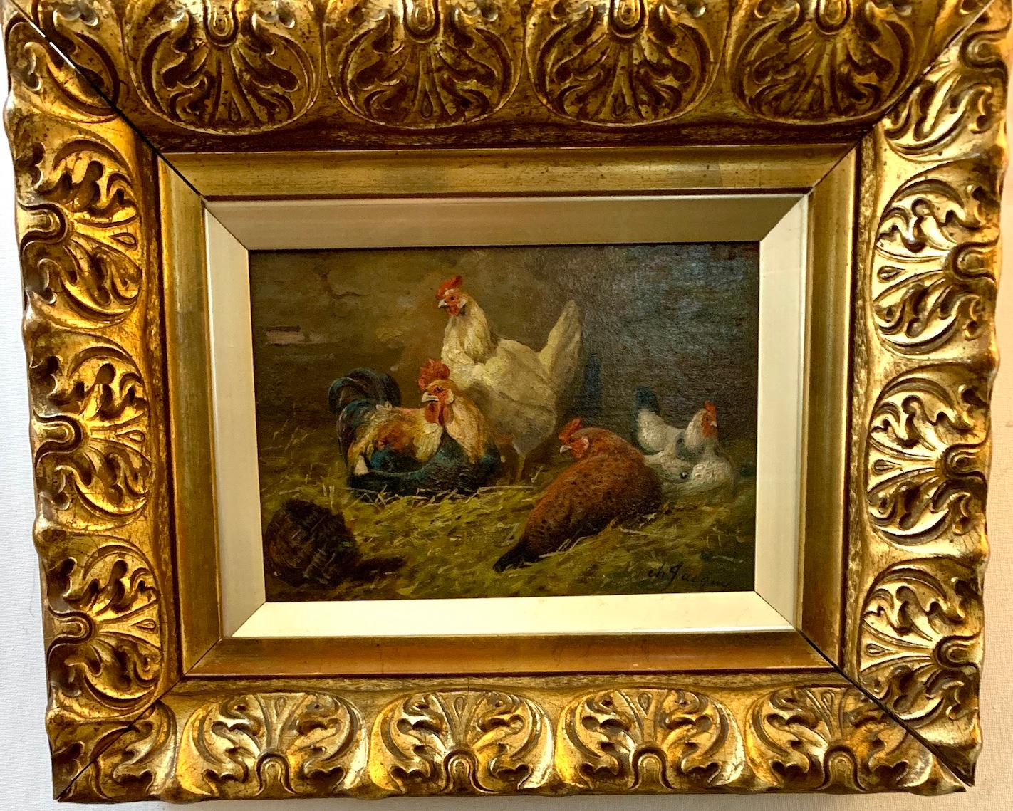 Charles-Emile Jacque Landscape Painting – Französisch 19. Jahrhundert Hühner in einer Scheune oder Hühnerstall Interieur