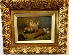 Antique French 19th century Chickens in a barn or chicken coop interior