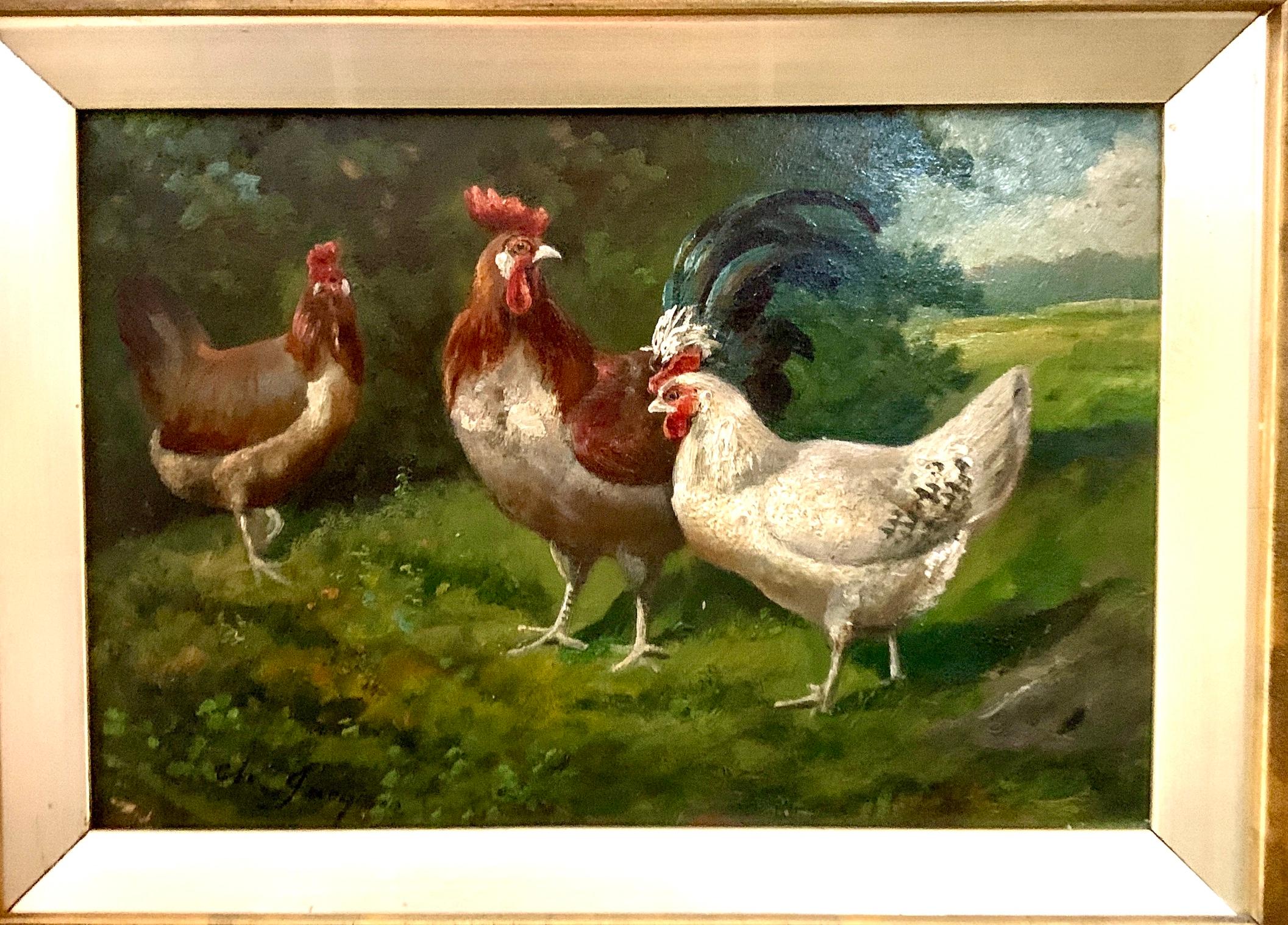 Français 19e siècle Poulets dans un paysage - Painting de Charles-Emile Jacque