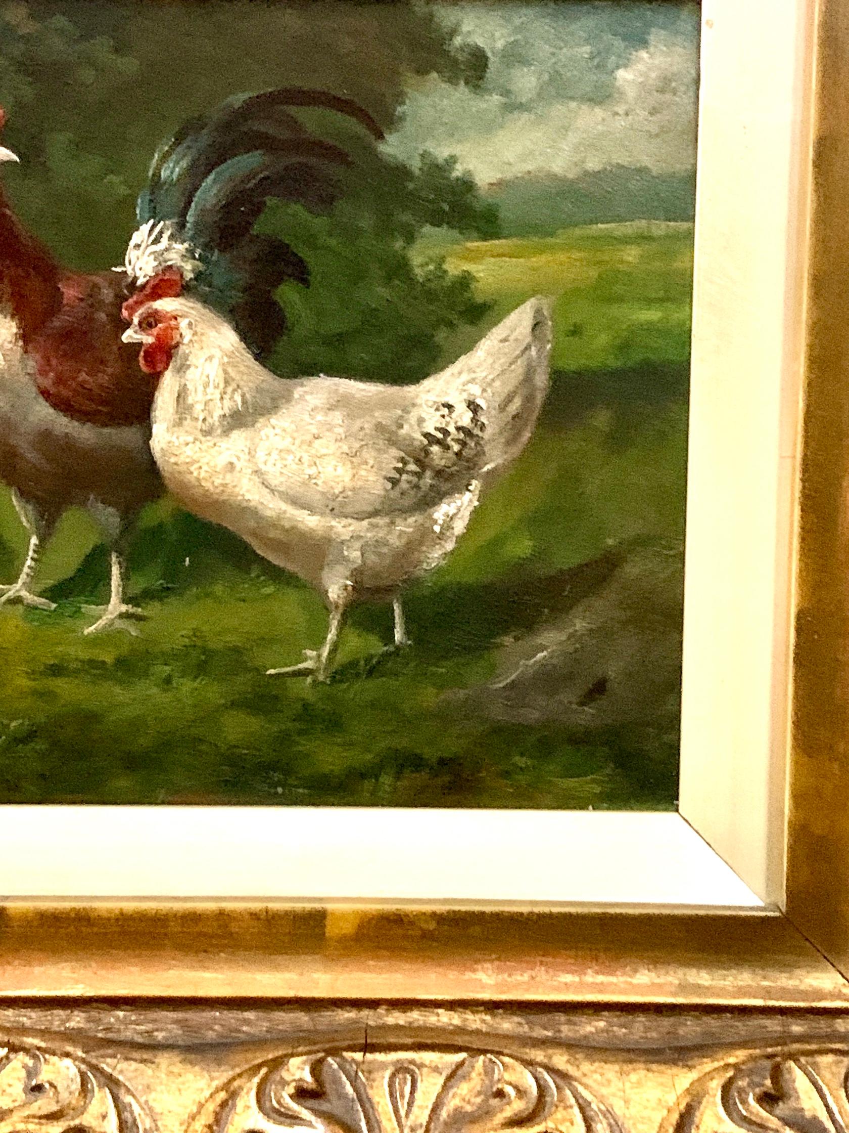 Französische Hühner aus dem 19. Jahrhundert in einer Landschaft (Viktorianisch), Painting, von Charles-Emile Jacque