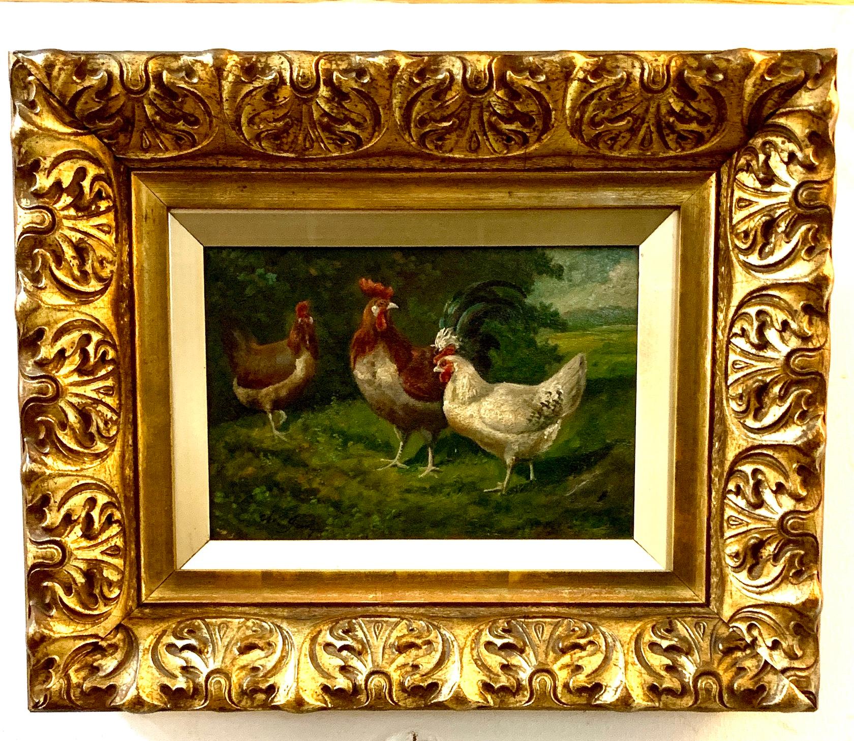Französische Hühner aus dem 19. Jahrhundert in einer Landschaft