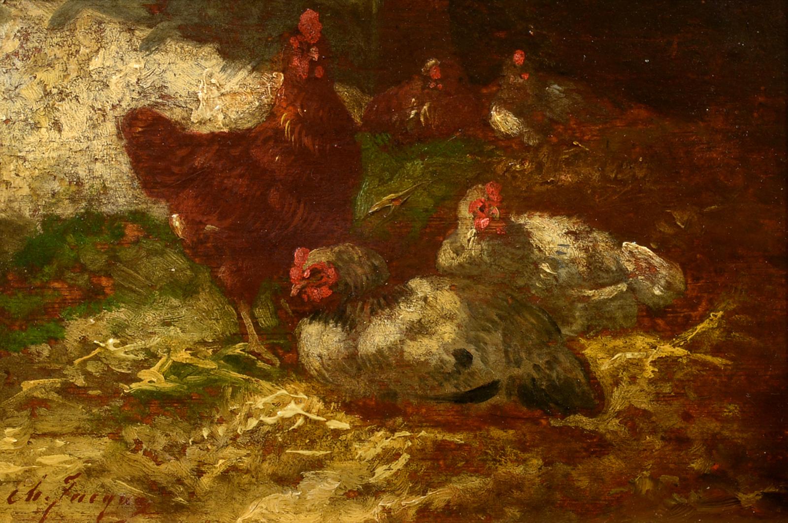 "Nesting, " French 19th c Realist, Louvre Museum, Charming Small Oil of Chickens