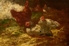 "Nesting," French 19th c Realist, Louvre Museum, Charming Small Oil of Chickens