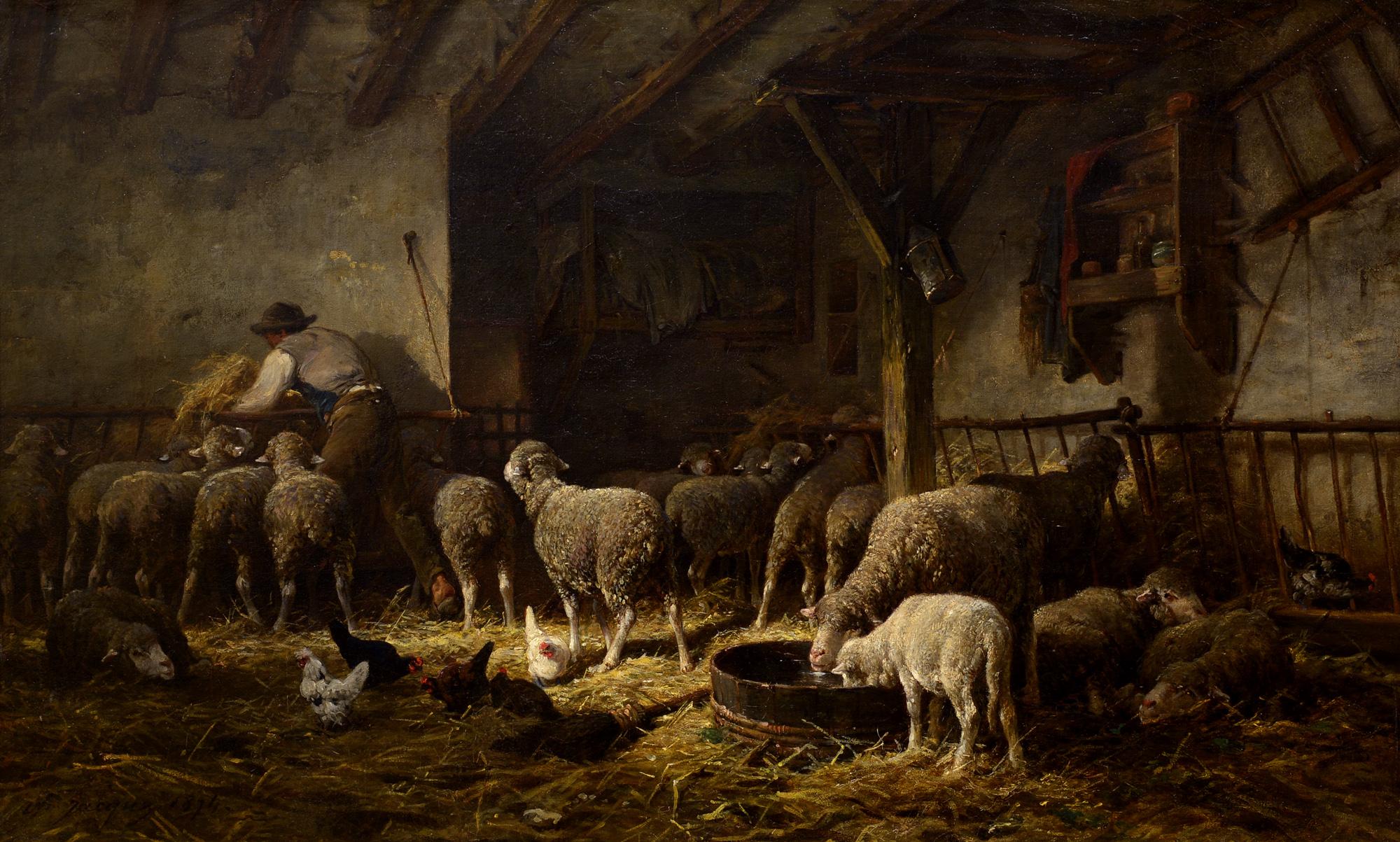 Charles-Emile Jacque Animal Painting - Soleil du Matin dans la Bergerie