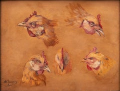 Peinture ancienne : « Study of Roosters » Charles-Emile Jacque (Français, 1813-1894)