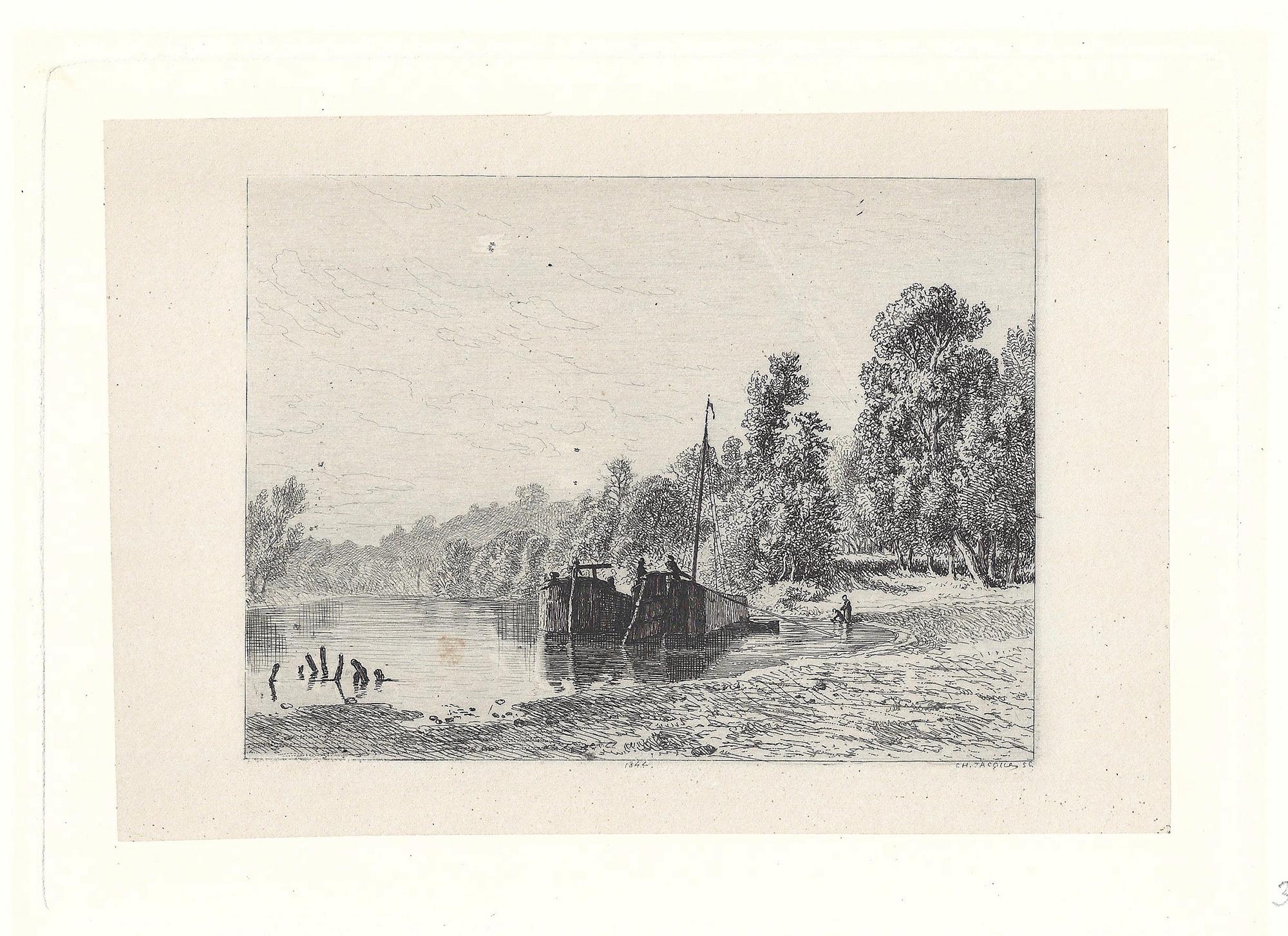 Bords d'une rivière avec deux bateaux (River banks with two boats) - Print by Charles-Emile Jacque