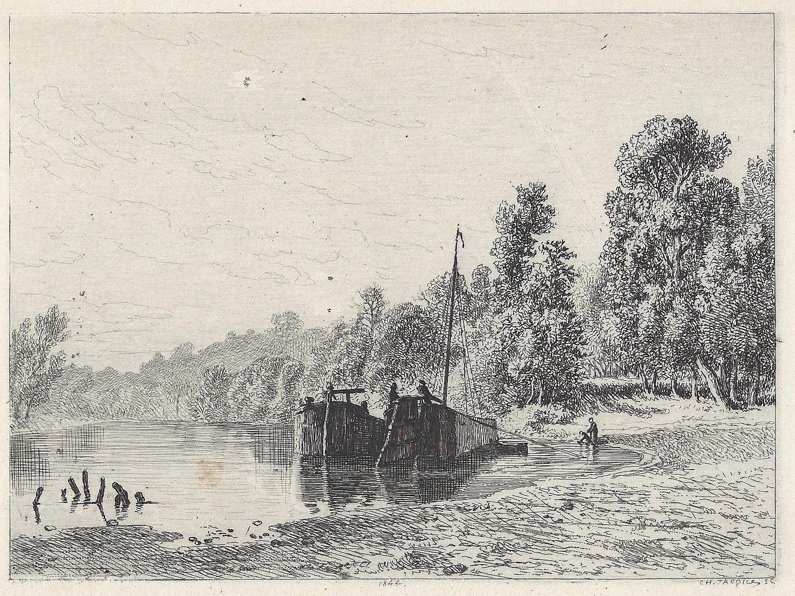 Charles-Emile Jacque Landscape Print - Bords d'une rivière avec deux bateaux (River banks with two boats)