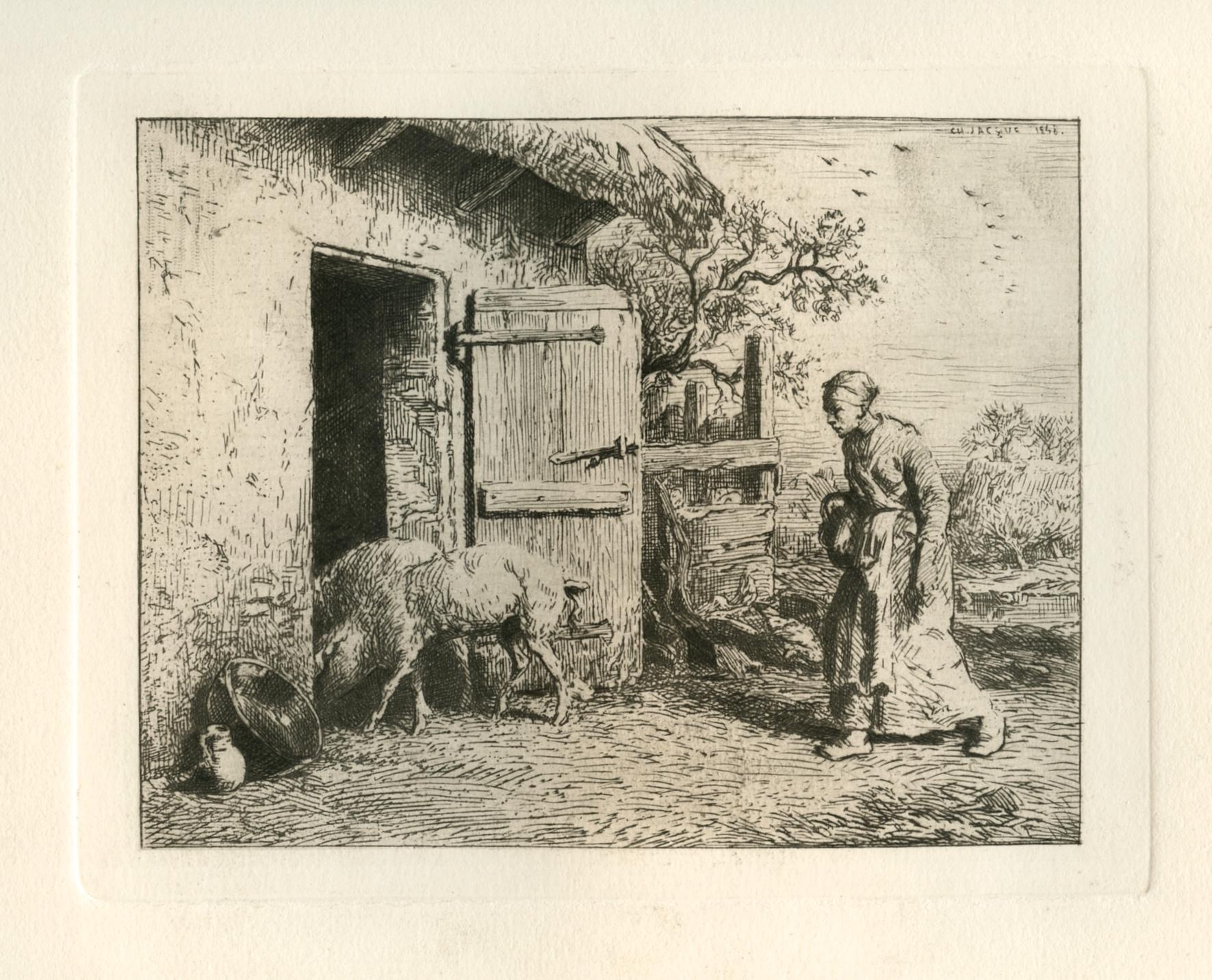 "Peasant Woman Driving Pigs into a Stable" original etching - Print by Charles-Emile Jacque