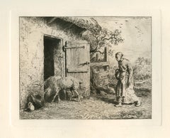 "Femme paysanne transportant des porcs dans une écurie" eau-forte originale