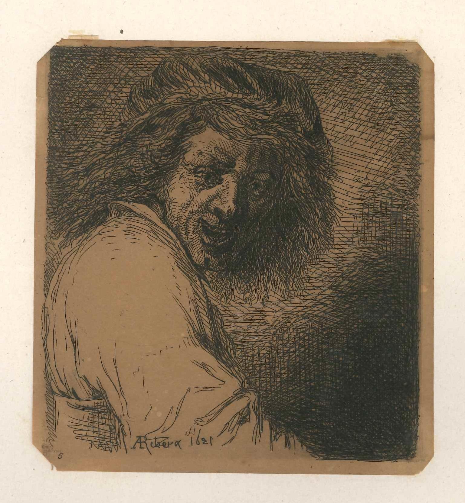 Rienz, inspiré de Ribera - b/w Etching by Charles Jacque - 1868