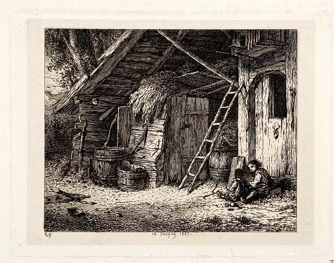 Charles-Emile Jacque Figurative Print – Un coin de ferme (Eine Ecke auf dem Bauernhof)